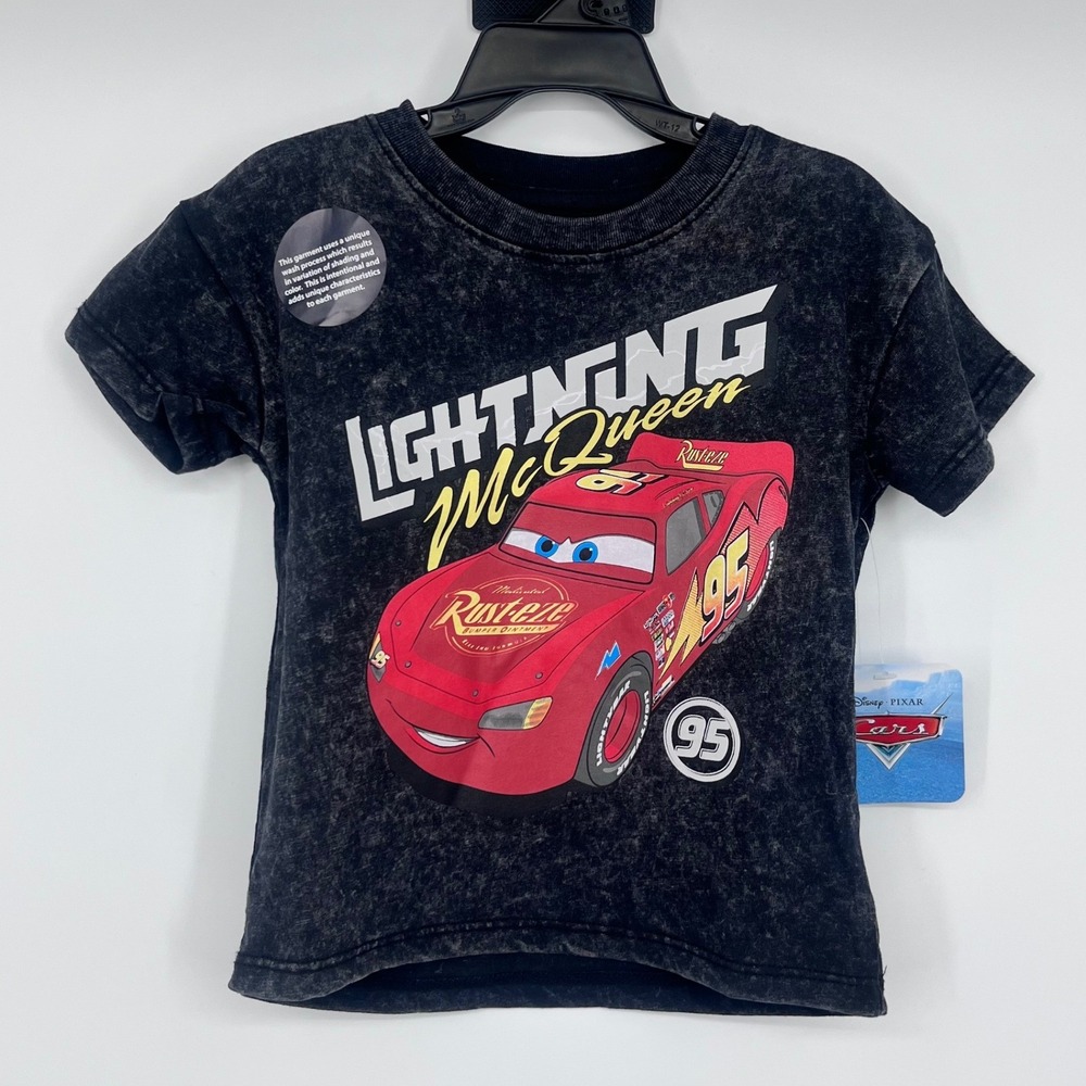 NWT Disney Pixar Cars T-Shirt Kids 2T Black Acid Wash Lightning McQueen Racing